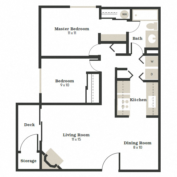 Floor plan for 2 beds, 1 bath, 897 sqft